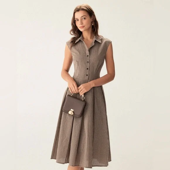Rihoas Brown Plaid Button Pleated Midi Dress NWT - Picture 1 of 8